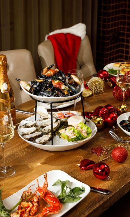 A spread of Irish seafood, including towers and Christmas decorations